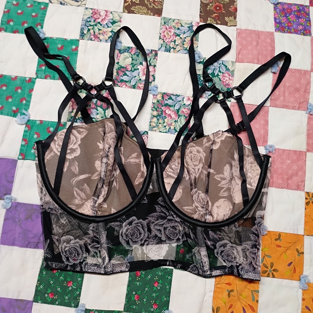 Victoria Secret Luxe Corset Long‎ Line Bra Harness Strap Size 34D Floral Print